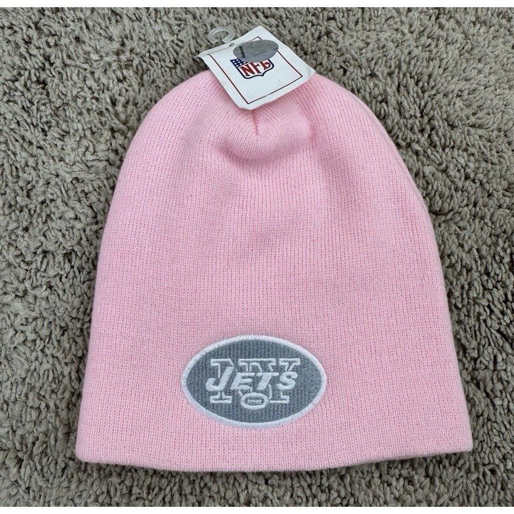 New York Jets Beanie Pink/Gray Embroidered NY Logo Uncuffed NFL Knit Hat NWT